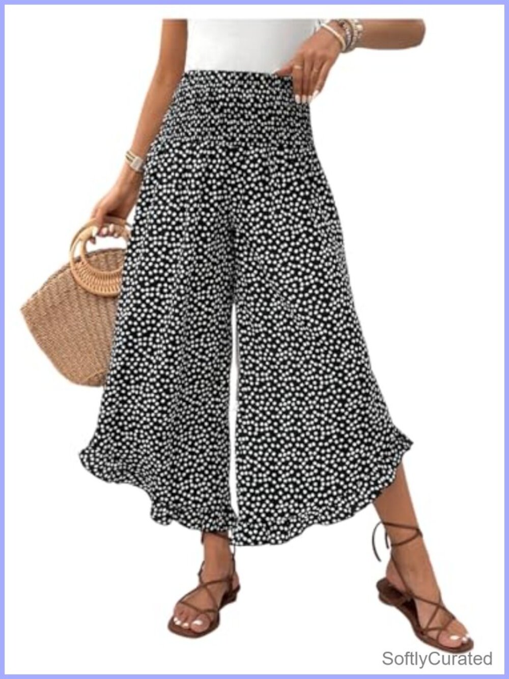Women's Polka Dots Flowy Palazzo Pants Ruffle Wide Leg Capris High Waist
